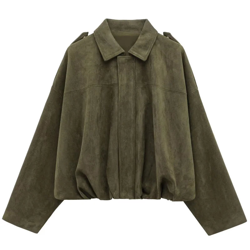 Women's Suede Bomber Jacket With Cropped High Street Fashion Style Design