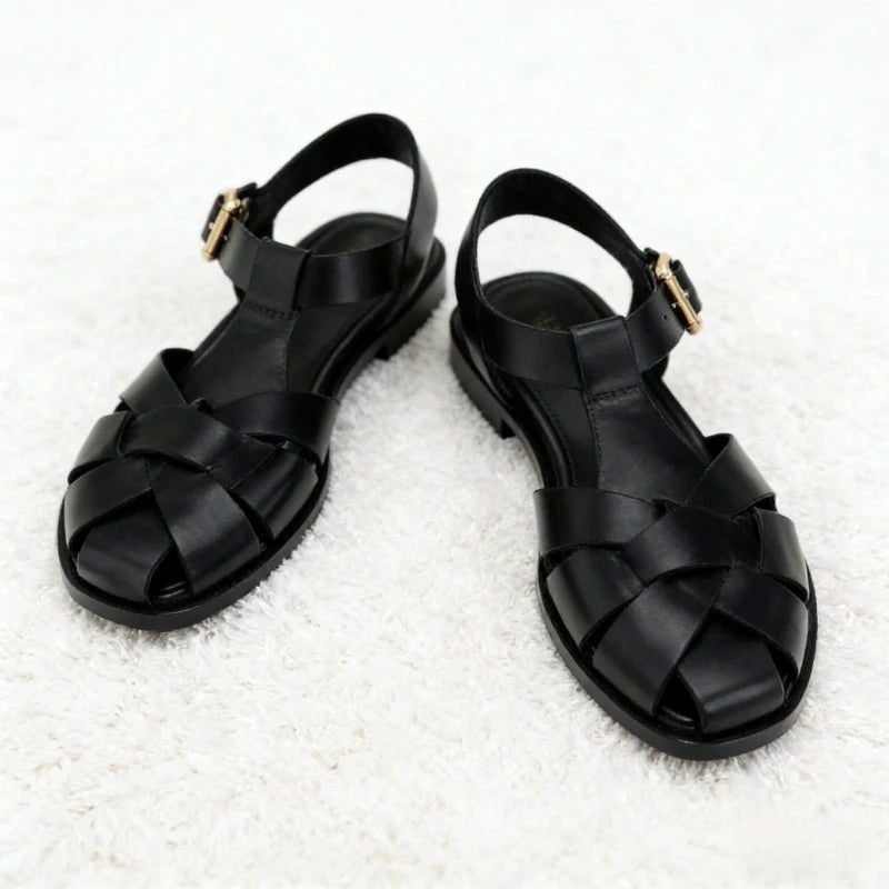 Luxury Flat Gladiator Sandals With Metal Buckle And Ankle Strap Design