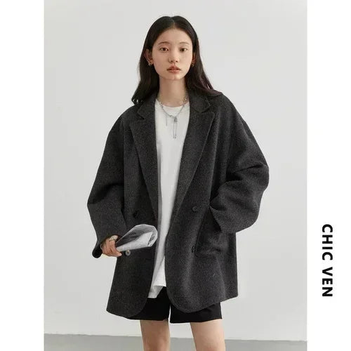 Women's Double Breasted Woolen Coat With Retro Casual Winter Style Design
