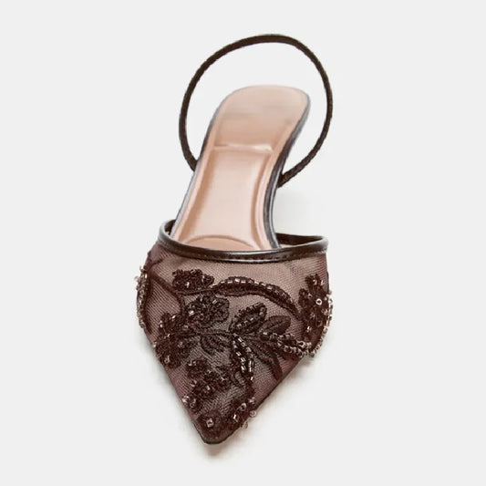 Elegant Mesh Embroidered High Heels With Pointed Toe Luxury Design Features