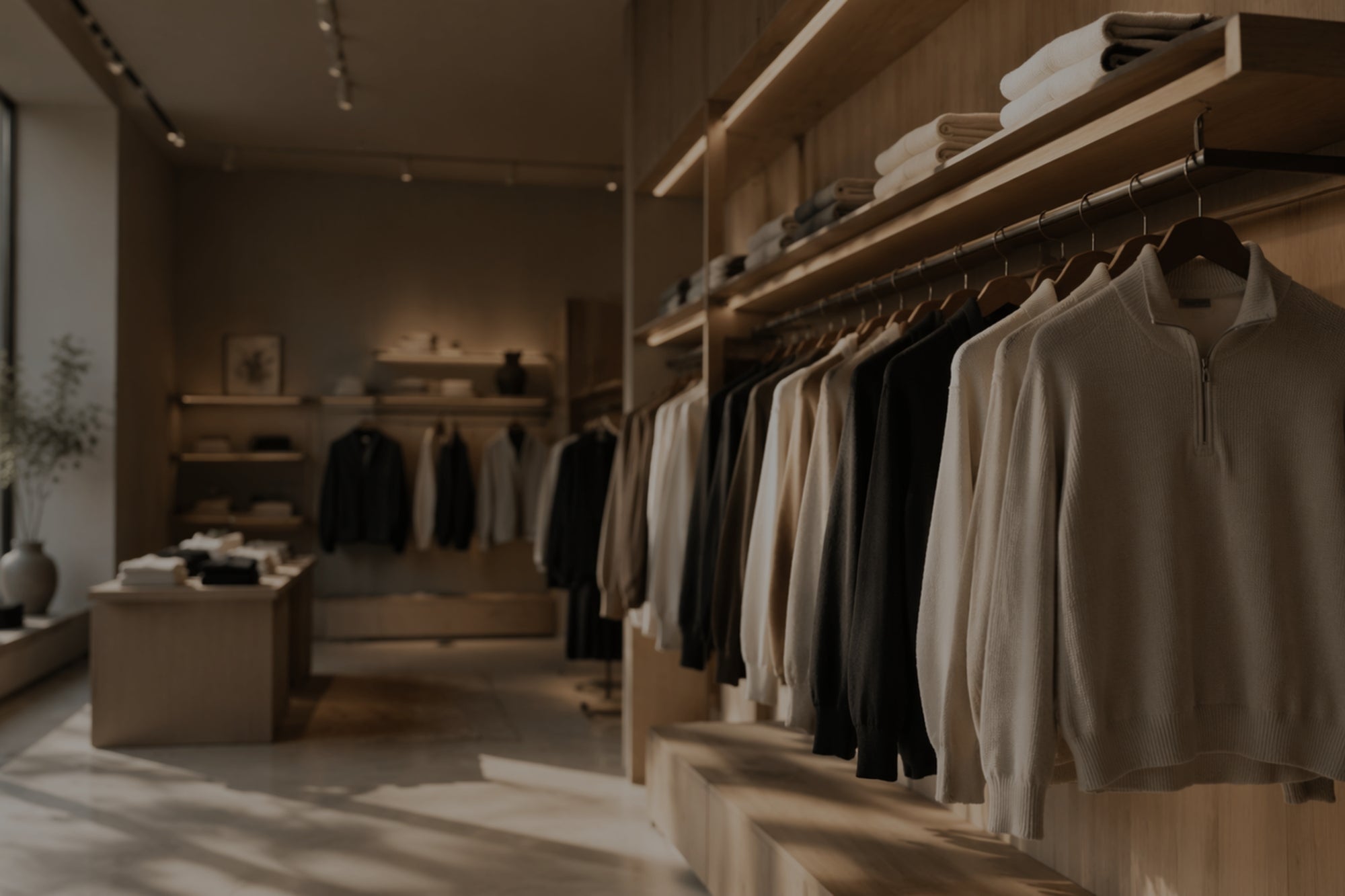 Clothing store interior with racks of clothes and a desk.
