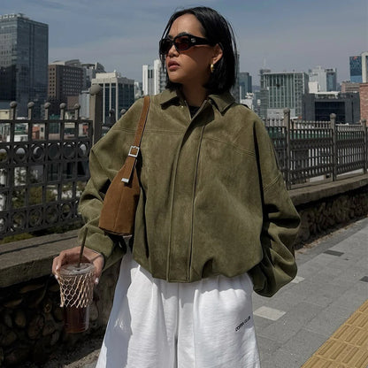 Women's Suede Bomber Jacket With Cropped High Street Fashion Style Design