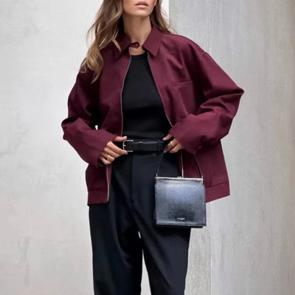 Women's Zipper Bomber Jacket With Loose Retro Fall Fashion Style Design