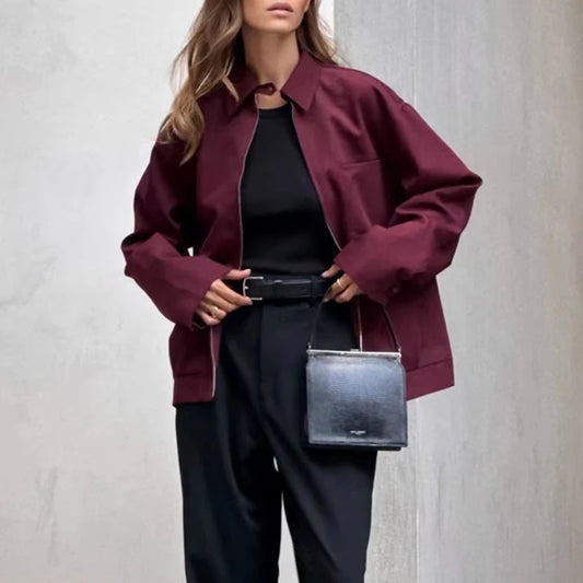Women's Zipper Bomber Jacket With Loose Retro Fall Fashion Style Design