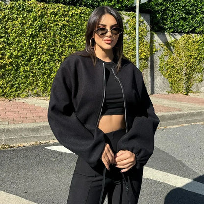 Women's Black Bomber Jacket With Cropped Varsity Winter Fashion Style Design