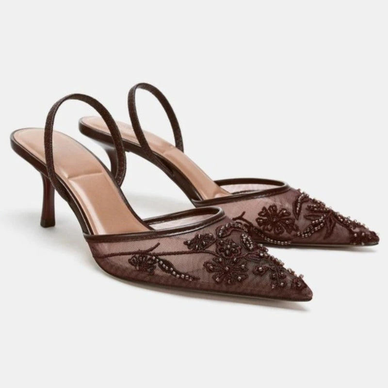 Elegant Mesh Embroidered High Heels With Pointed Toe Luxury Design Features
