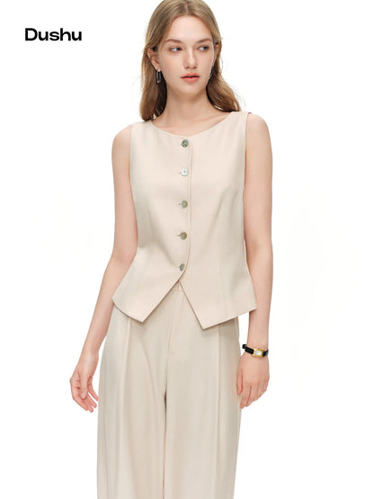 Women's Vintage Vest And Wide Leg Trousers Two Piece Fashion Set