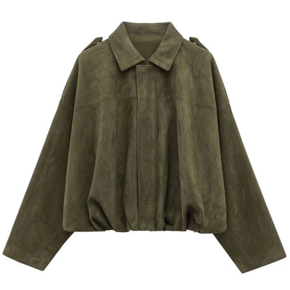 Women's Suede Bomber Jacket With Cropped High Street Fashion Style Design