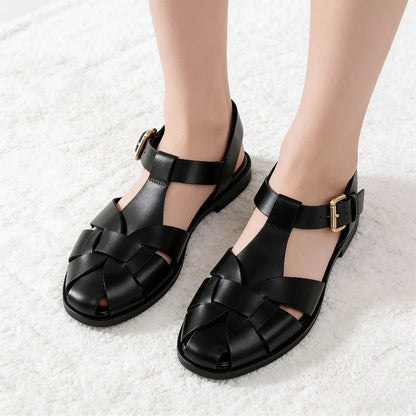 Luxury Flat Gladiator Sandals With Metal Buckle And Ankle Strap Design