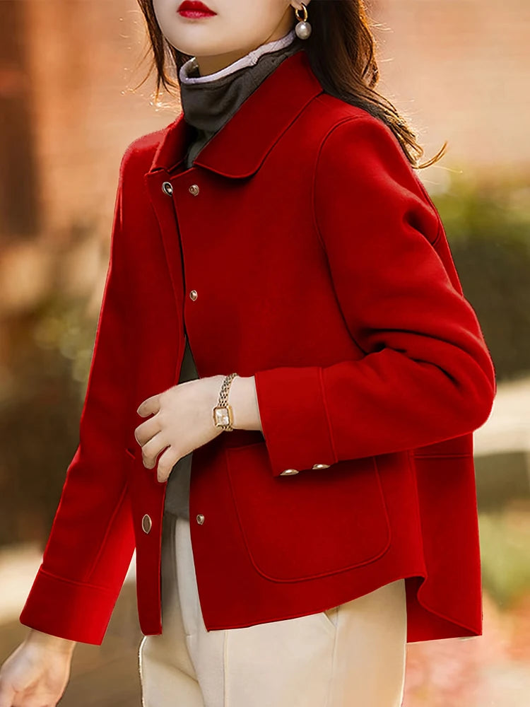 Women's Classic Woolen Coat With Button Up Warm Winter Fashion Design