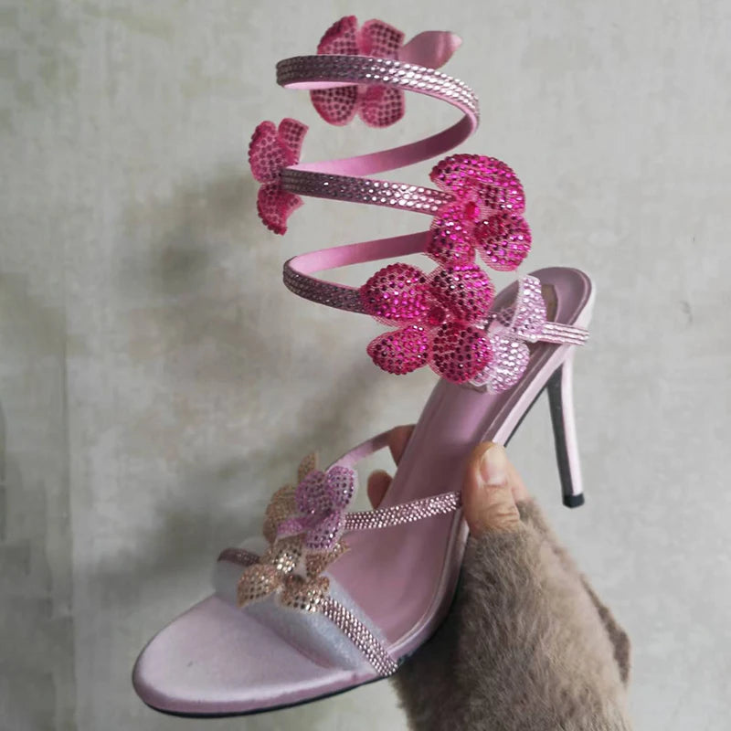 Crystal Flower Ankle Strap High Heel Sandals For Stylish Women's Fashion