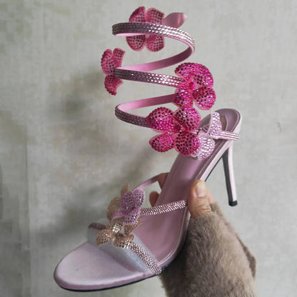 Crystal Flower Ankle Strap High Heel Sandals For Stylish Women's Fashion