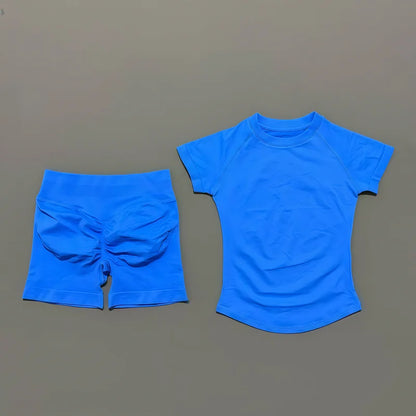 Women Seamless Sports Set With Shorts And Short Sleeve Yoga Top