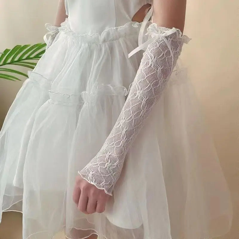 Women's Lace Fingerless Gloves With Y2K Kawaii Fashion Bowknot Design Style