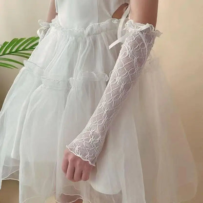 Women's Lace Fingerless Gloves With Y2K Kawaii Fashion Bowknot Design Style
