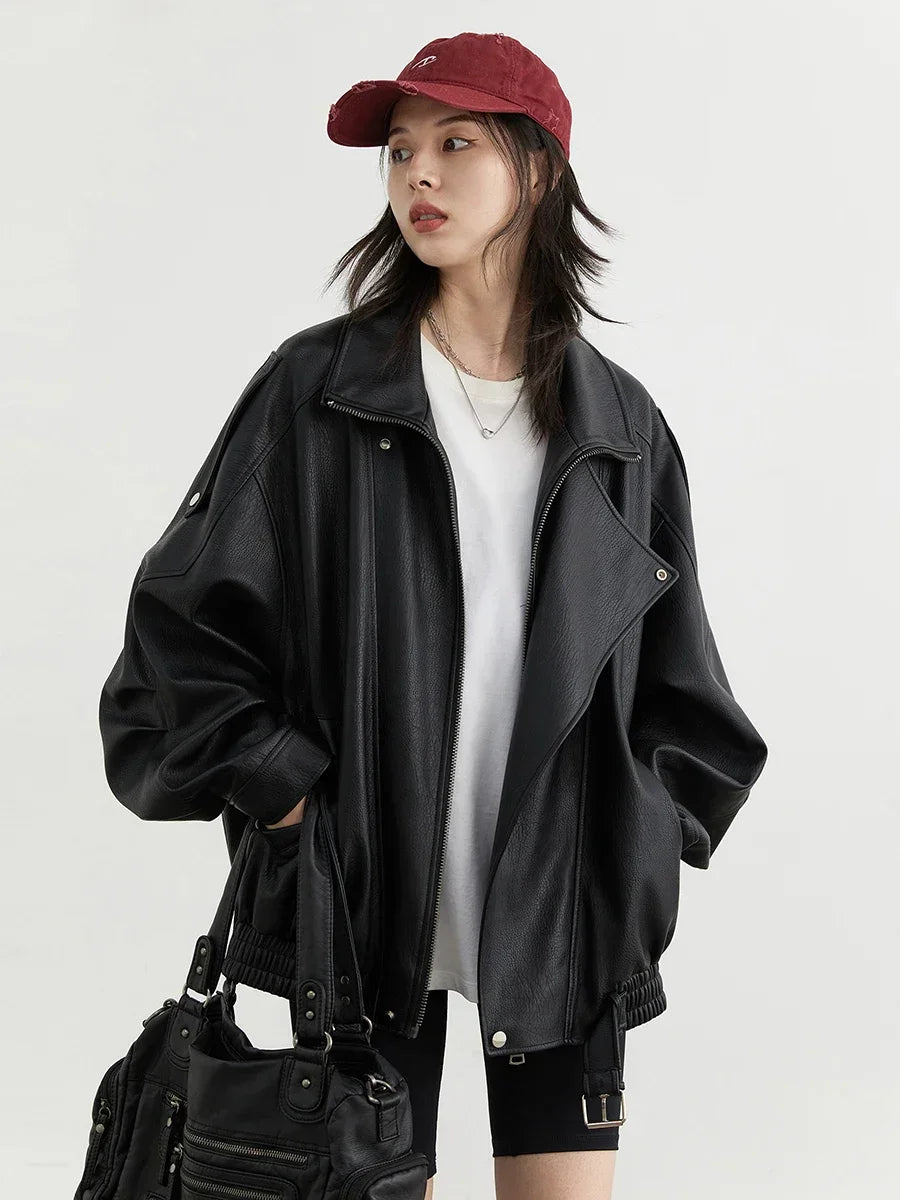Women's Retro Faux Leather Jacket With Loose Motorcycle Fashion Style Design