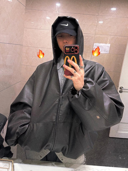 Mens Oversized PU Leather Jacket With Hood Casual Korean Fashion Style