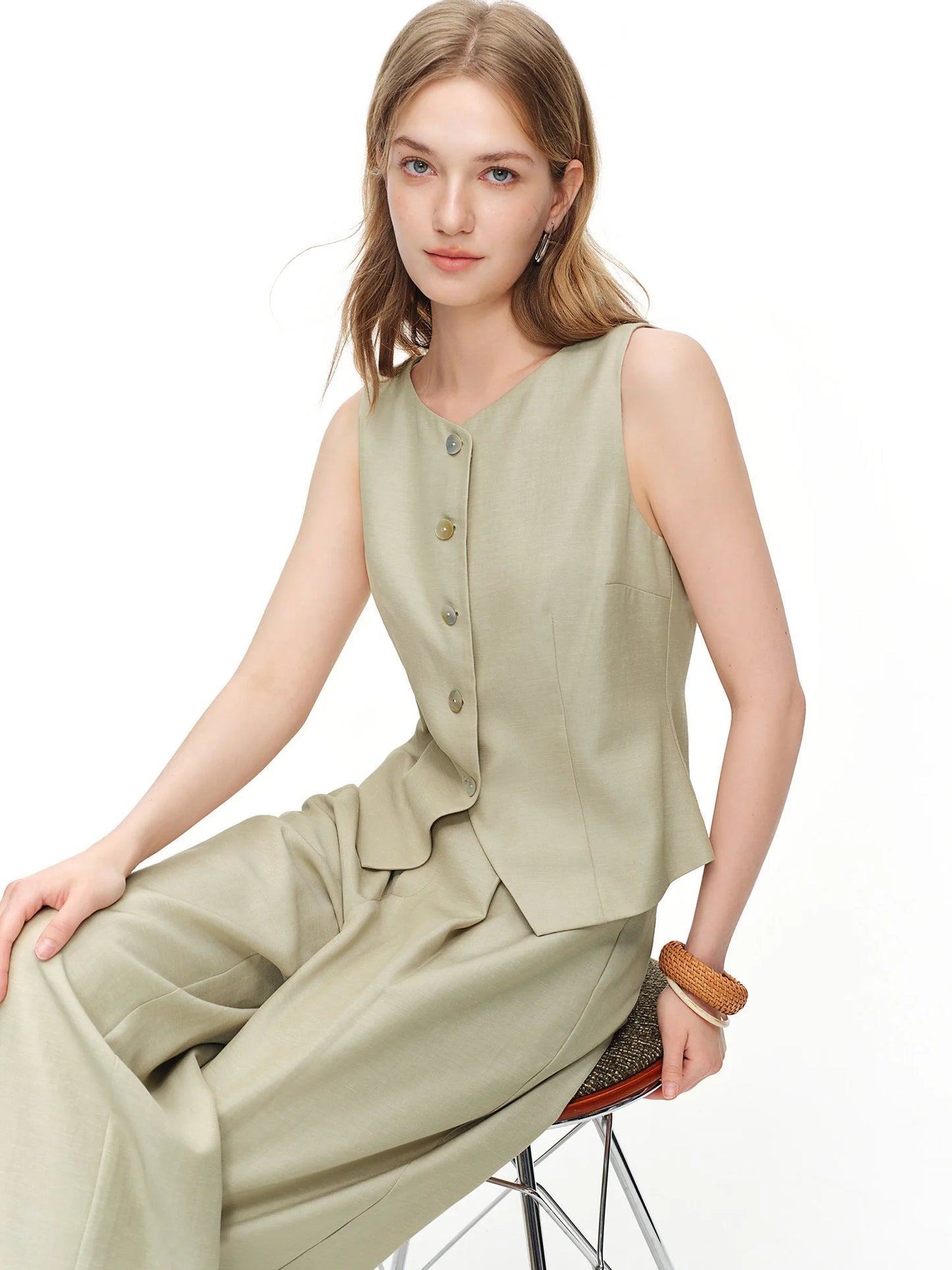 Women's Vintage Vest And Wide Leg Trousers Two Piece Fashion Set