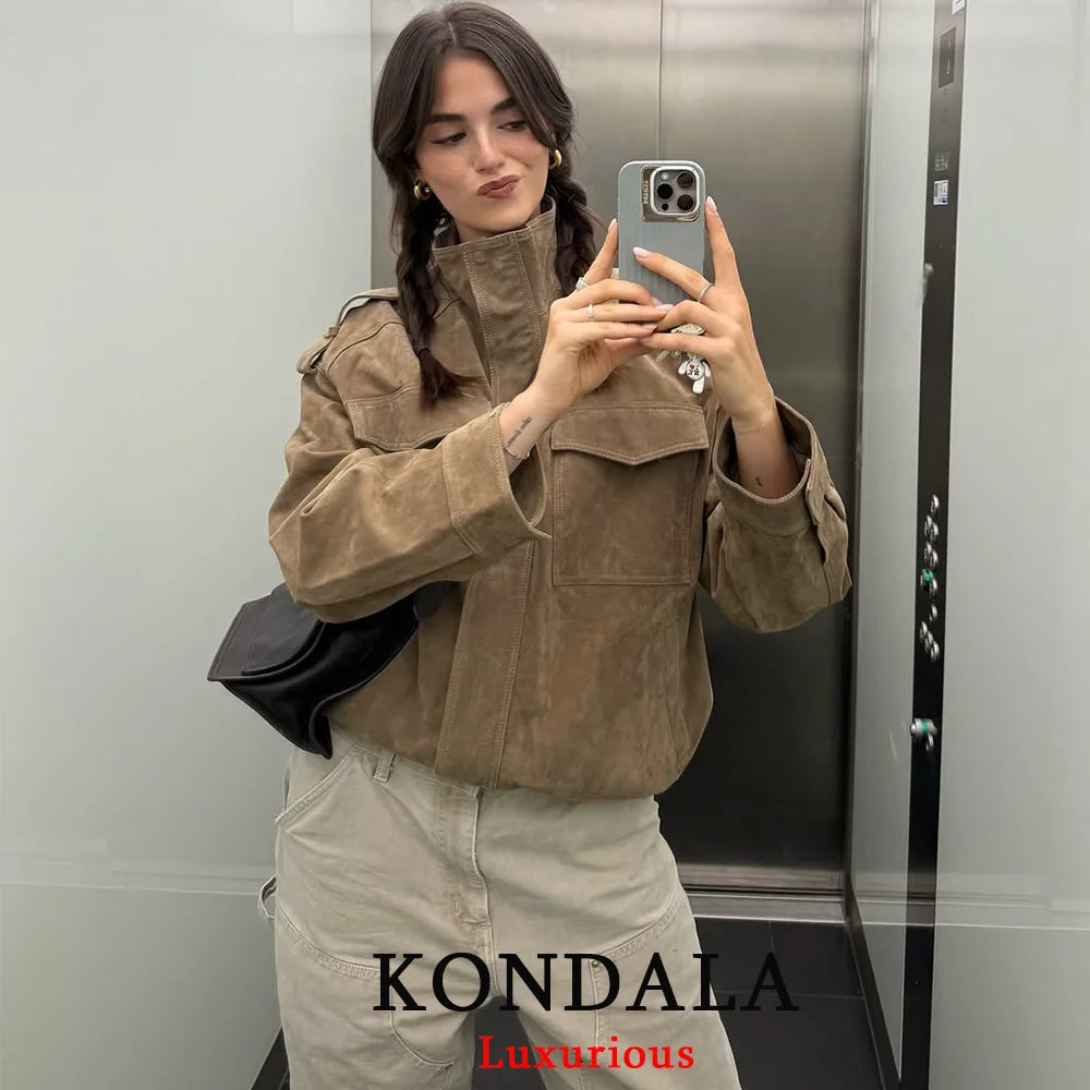 Women's Chic Suede Bomber Jacket With Loose Streetwear Fashion Style Design