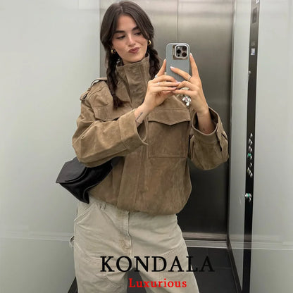 Women's Chic Suede Bomber Jacket With Loose Streetwear Fashion Style Design