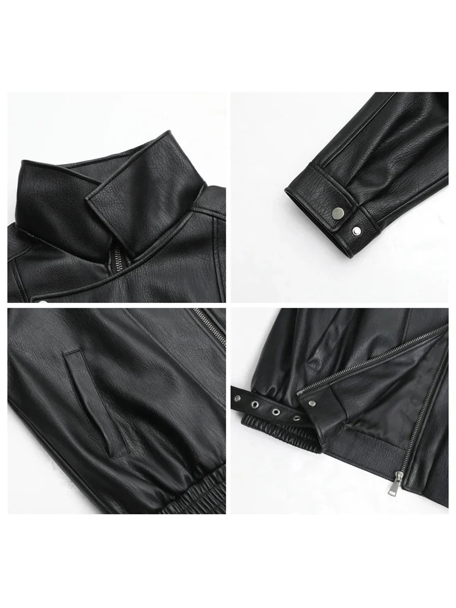 Women's Retro Faux Leather Jacket With Loose Motorcycle Fashion Style Design