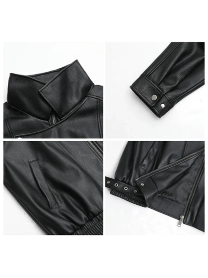 Women's Retro Faux Leather Jacket With Loose Motorcycle Fashion Style Design