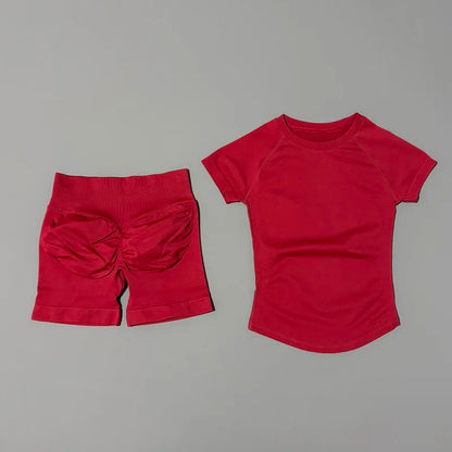 Women Seamless Sports Set With Shorts And Short Sleeve Yoga Top