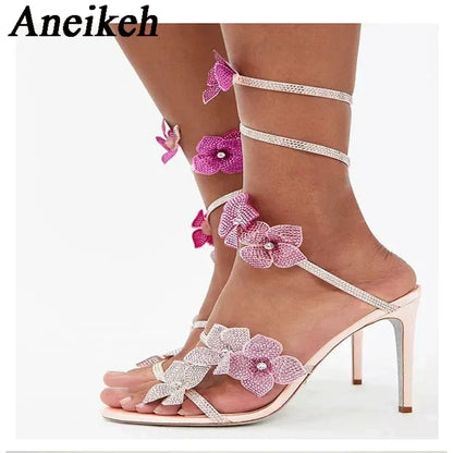 Crystal Flower Ankle Strap High Heel Sandals For Stylish Women's Fashion