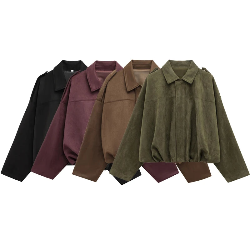 Women's Suede Bomber Jacket With Cropped High Street Fashion Style Design