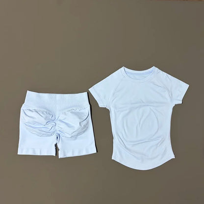 Women Seamless Sports Set With Shorts And Short Sleeve Yoga Top