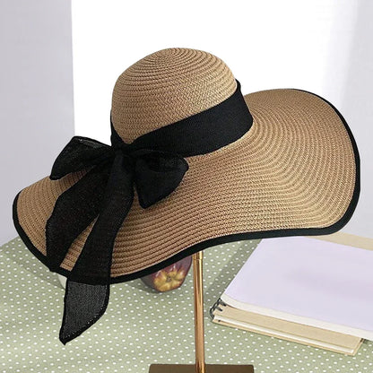 Women's Oversized Straw Beach Hat With Bow Summer Sun Protection Design