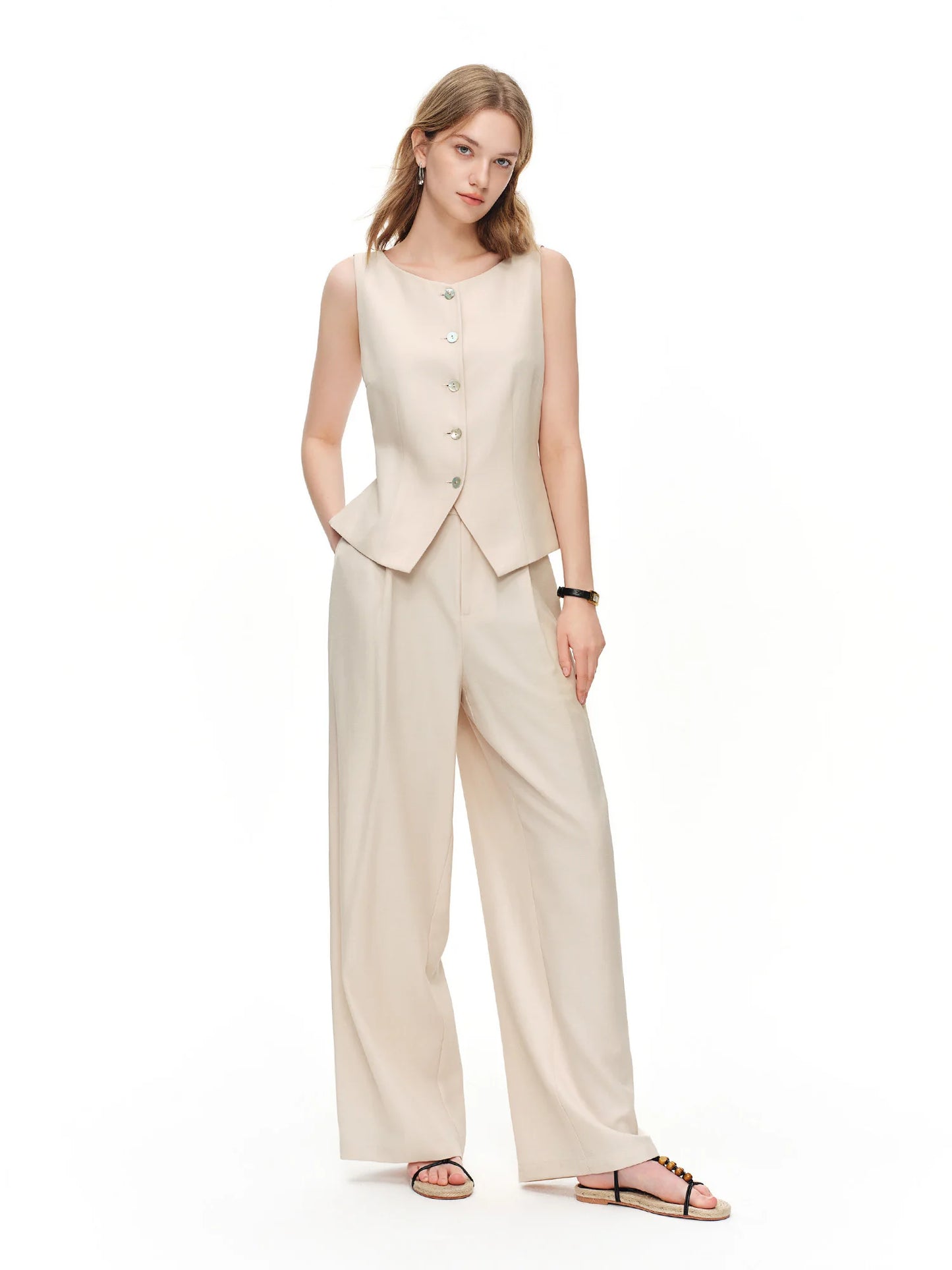 Women's Vintage Vest And Wide Leg Trousers Two Piece Fashion Set