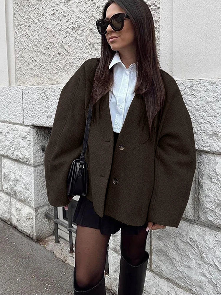 Women's Casual V Neck Coat With Long Sleeves And Button Design