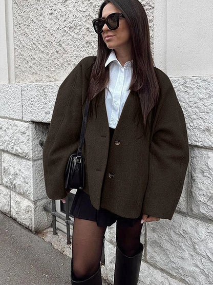 Women's Casual V Neck Coat With Long Sleeves And Button Design