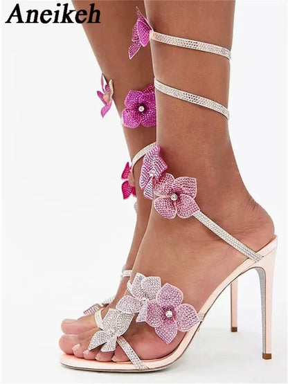 Crystal Flower Ankle Strap High Heel Sandals For Stylish Women's Fashion