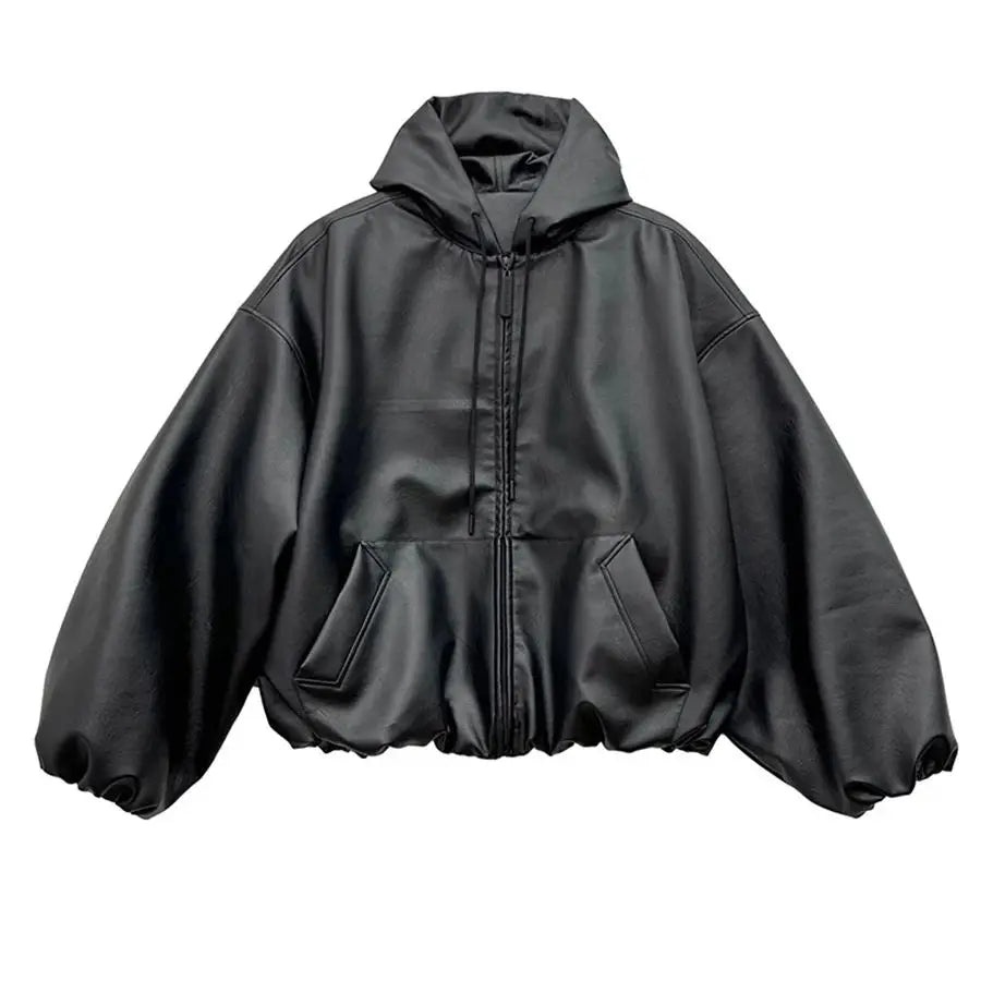 Mens Oversized PU Leather Jacket With Hood Casual Korean Fashion Style
