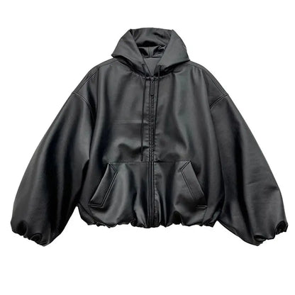 Mens Oversized PU Leather Jacket With Hood Casual Korean Fashion Style