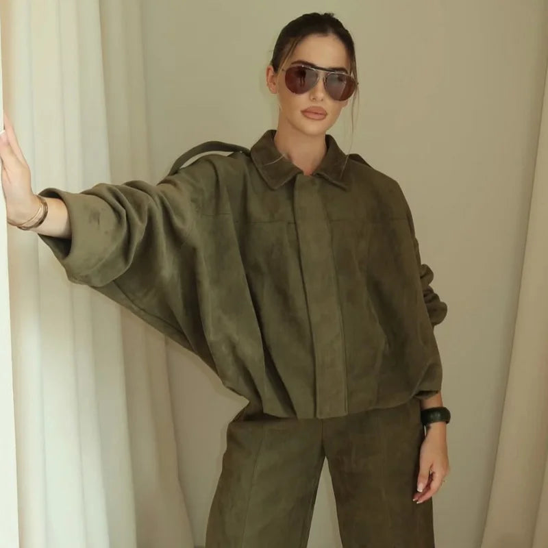 Women's Suede Bomber Jacket With Cropped High Street Fashion Style Design