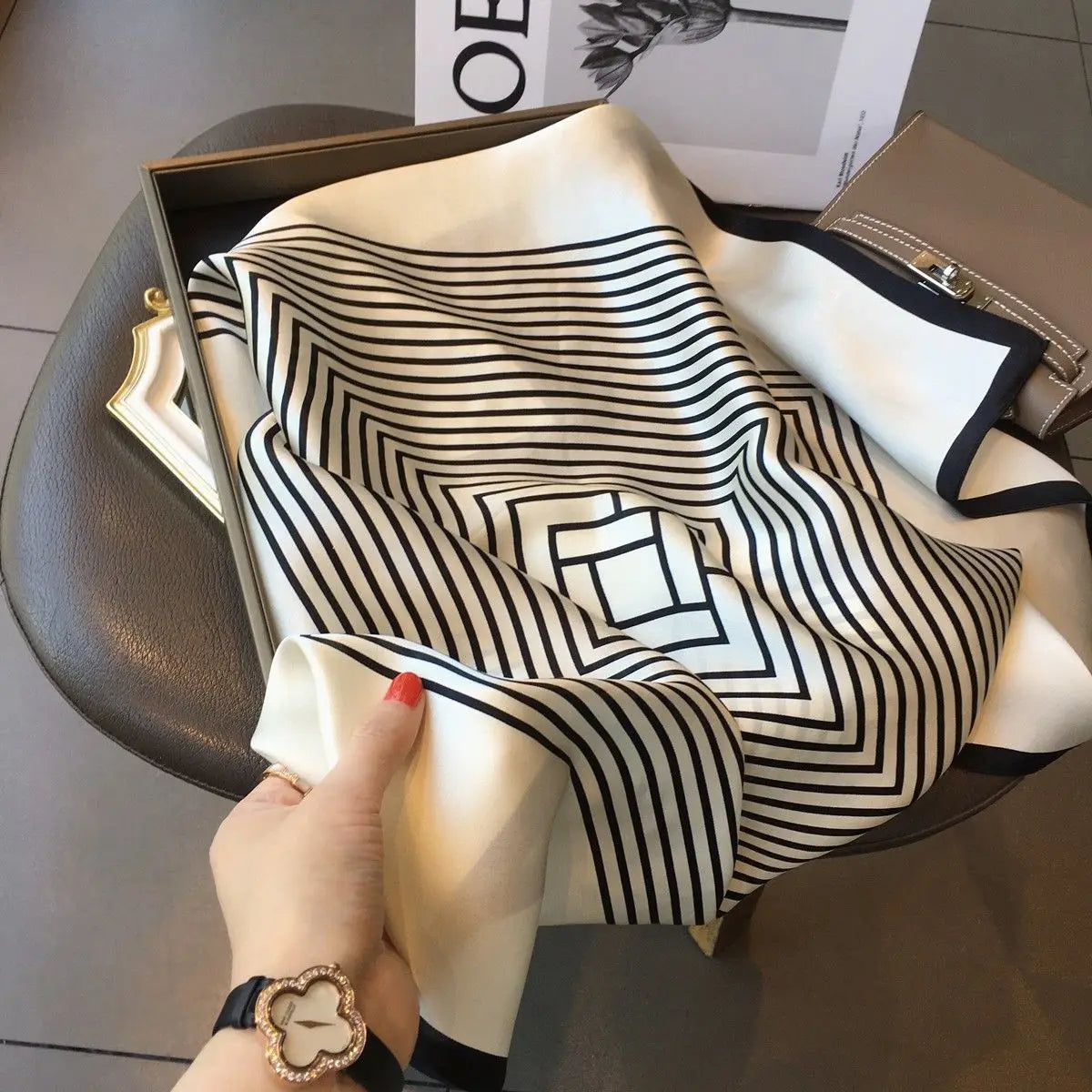 Women's Korean Square Scarf With Simple Striped Fashion Brocade Design Style'