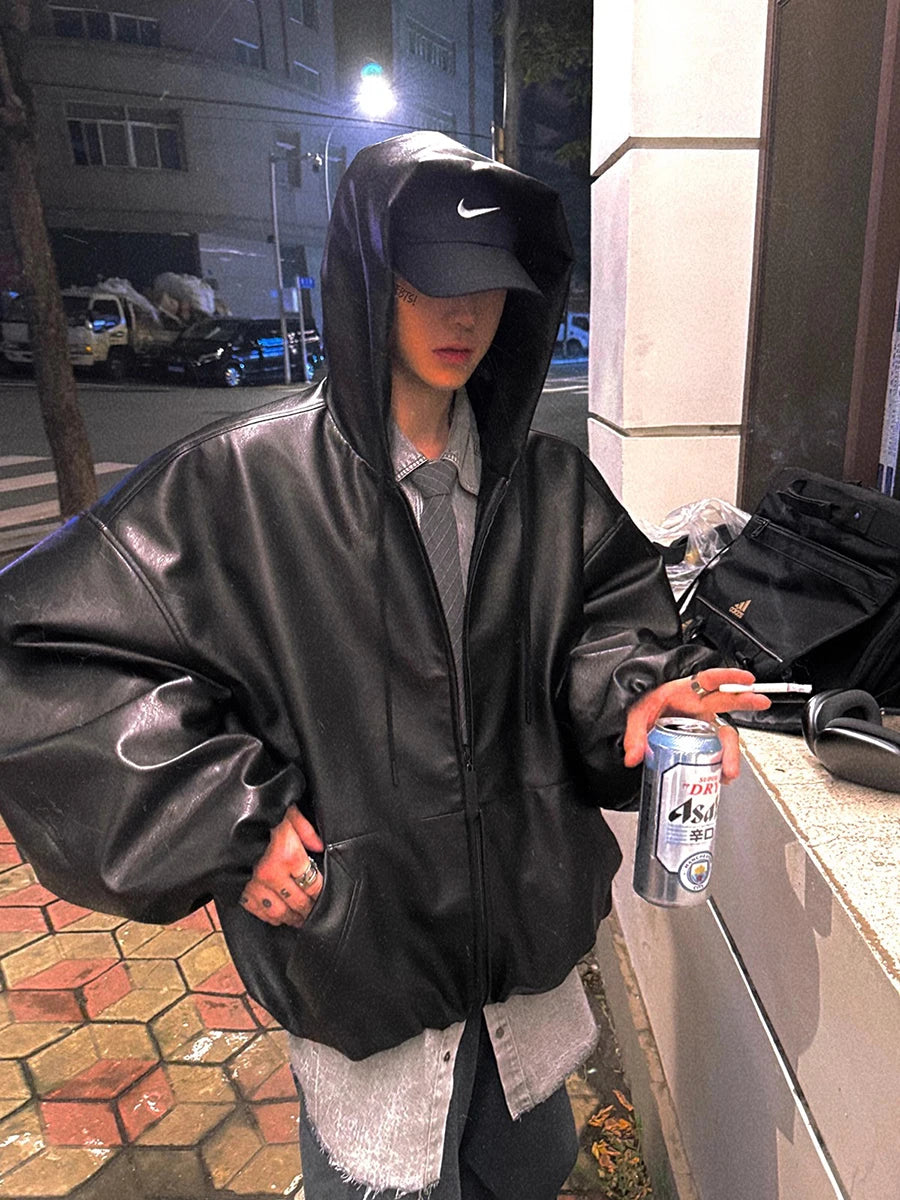 Mens Oversized PU Leather Jacket With Hood Casual Korean Fashion Style
