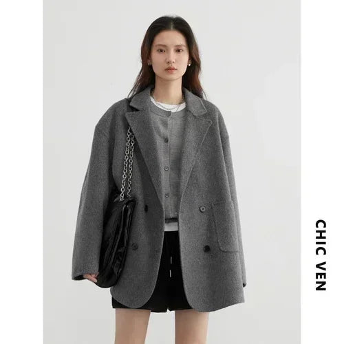 Women's Double Breasted Woolen Coat With Retro Casual Winter Style Design