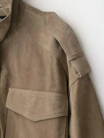 Women's Chic Suede Bomber Jacket With Loose Streetwear Fashion Style Design