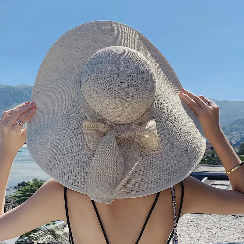 Women's Oversized Straw Beach Hat With Bow Summer Sun Protection Design