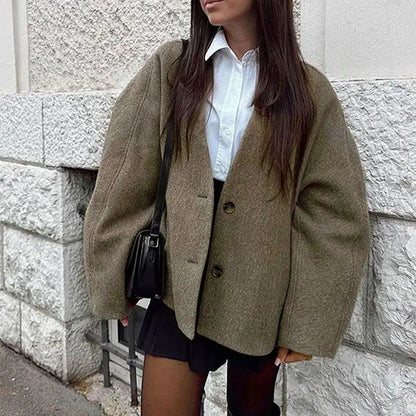 Women's Casual V Neck Coat With Long Sleeves And Button Design