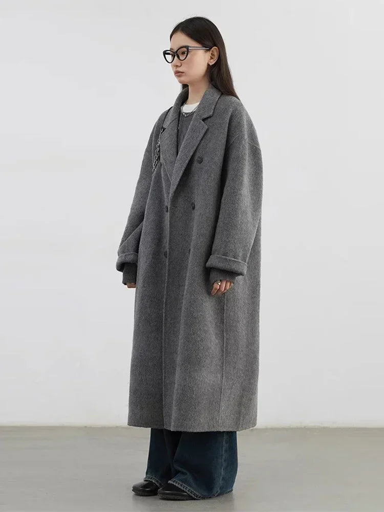 Women's Double Breasted Woolen Overcoat With Casual Retro Winter Fashion Style