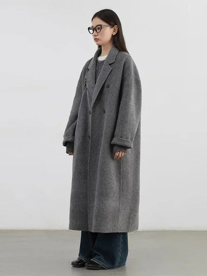 Women's Double Breasted Woolen Overcoat With Casual Retro Winter Fashion Style