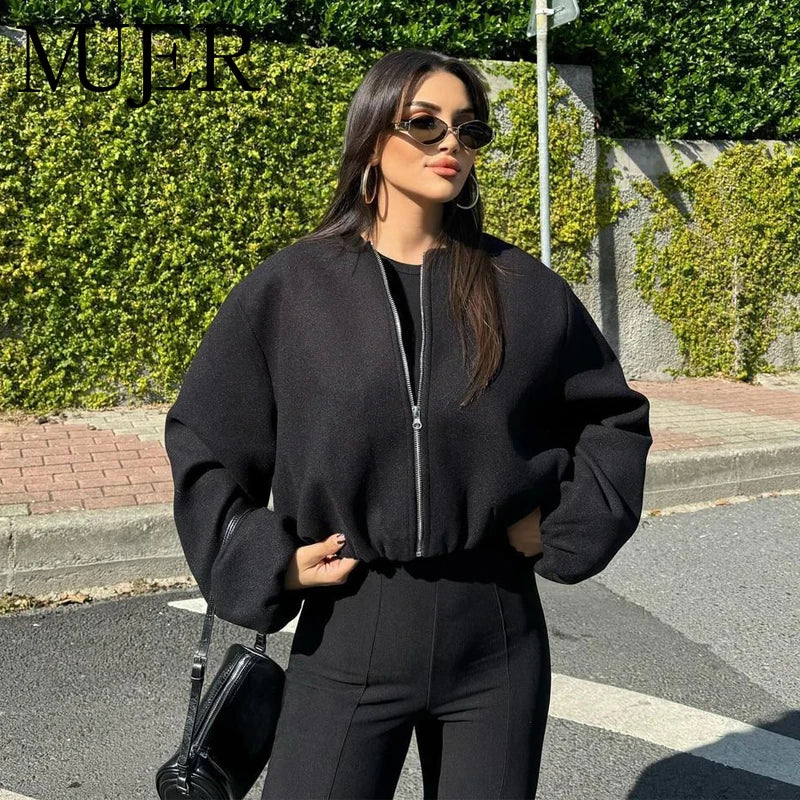 Women's Black Bomber Jacket With Cropped Varsity Winter Fashion Style Design