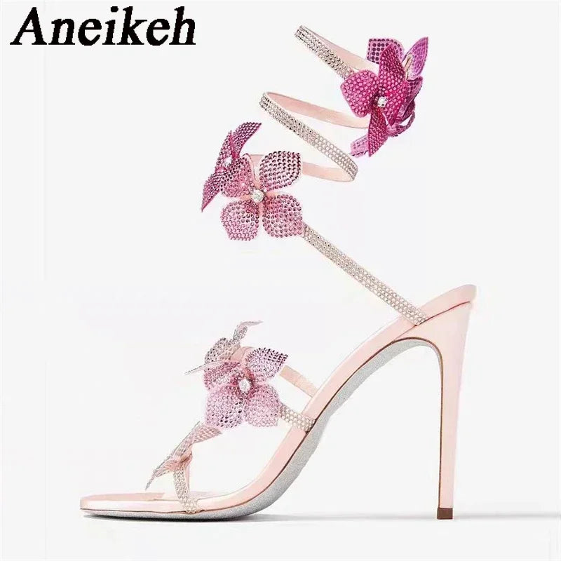 Crystal Flower Ankle Strap High Heel Sandals For Stylish Women's Fashion