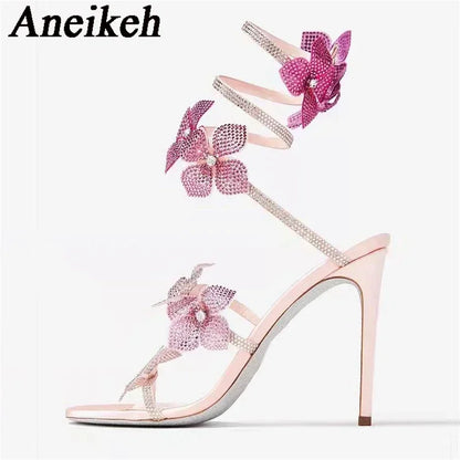 Crystal Flower Ankle Strap High Heel Sandals For Stylish Women's Fashion