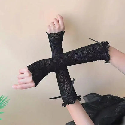 Women's Lace Fingerless Gloves With Y2K Kawaii Fashion Bowknot Design Style